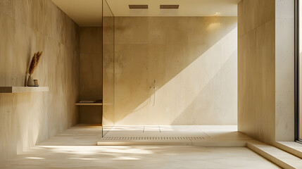 Wall Mural - minimal design walk shower are simplicity, functionality, and clean lines with a focus on natural materials and subdued colors 