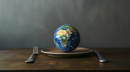 07240954 360. Artistic photo of a globe positioned on a plate, representing the global hunger crisis and food security concerns, with a fork and knife placed beside it, all set on a modern table with