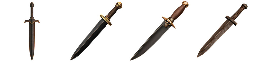 Collection of ornate daggers showcasing intricate designs and different blade styles for art and historical reference.