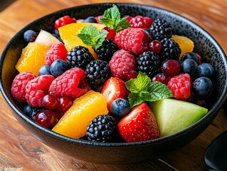 A vibrant bowl of assorted fresh fruits, featuring strawberries, blueberries, raspberries, and citrus, perfect for a healthy snack.