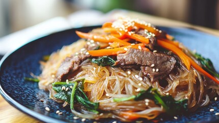 Wall Mural - Korean Japchae with Marinated Beef and Vegetables
