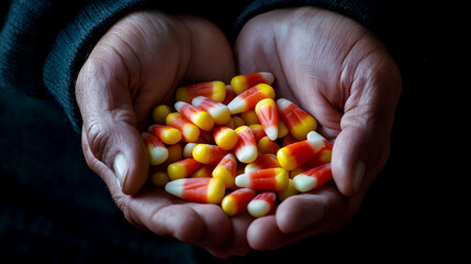 Wall Mural - handful of candy corn, with the bright colors standing out against a dark background