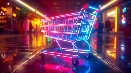 Wall Mural - Shopping cart with neon colorful can be viewed in modern stores with copy space