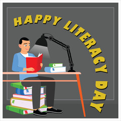 Wall Mural - Man reading a book with a table lamp. Stack of colorful books in the background. Happy Literacy Day concept. Flat vector illustration.