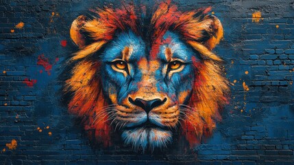 Lion Graffiti Mural on Brick Wall