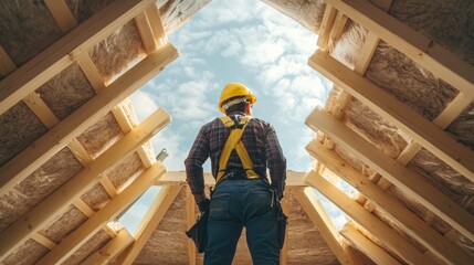 Wall Mural - A structural inspection in progress, showcasing a professional inspector examining the roof and attic spaces of a newly constructed home -