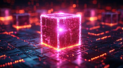 Wall Mural - Glowing Cube on Circuit Board