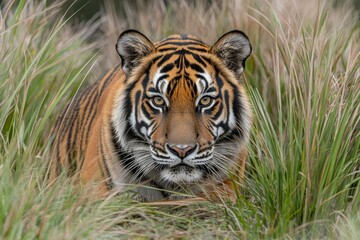 Wall Mural - Close-up Portrait of a Tiger in Tall Grass