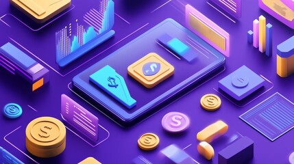 Poster - 3D Isometric Illustration of Mobile Phone with Financial Icons and Data Visualization
