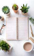 Sticker - Flat lay of a white desk with a planner. succulents. glasses. a cup of coffee. and a pen.