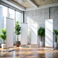 Wall Mural - Four blank roll up banners in a modern office setting.