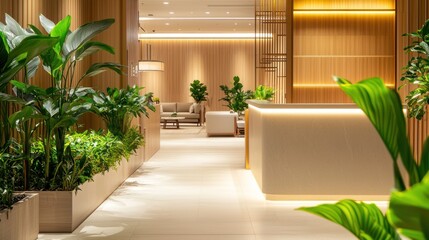 Poster - Modern Lobby with Wooden Walls and Plants