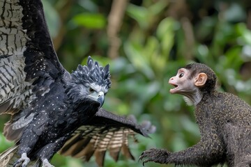 Wall Mural - A Black-and-White Hawk Eagle Faces a Curious Monkey in the Jungle