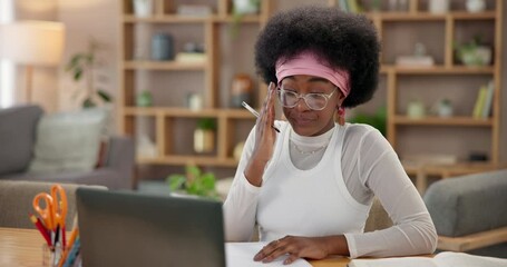 Leinwandbilder - Tired black woman, student and yawn with laptop or book for online learning, assessment or essay at home. Young African, female person or learner in fatigue on computer for elearning or virtual class