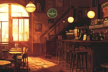 Old-fashioned café with cozy decor and a soft, warm glow from vintage lamps creating a relaxed atmosphere. Cozy vibe, Generative AI