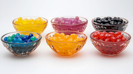 Wall Mural - Jelly beans placed in small, decorative bowls, each bowl holding a different color