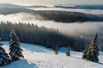 Fog flowing over snow pine mountain forest aerial. Winter no-people nature landscape. Snowy spruce trees at foggy haze. Mist above conifer wood Generative AI