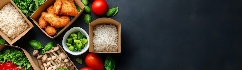 Array of Food in Paper Boxes: Chicken, Rice, Vegetables