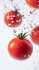 selective focus, ripe tomatoes falling, vibrant red with droplets of water, clean white background, dynamic motion capture