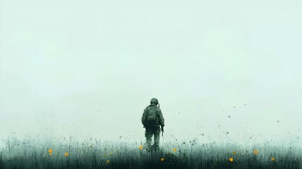 Solitary soldier stands amidst battlefield s abandoned aftermath in digital art painting