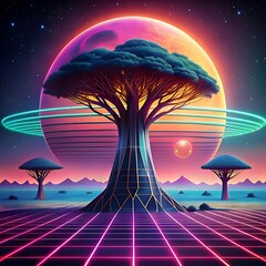 A futuristic. 3D illustration of a majestic baobab tree bathed in neon light.