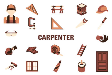 Carpenter Flat Vector Illustration Icon Sticker Set Design Materials