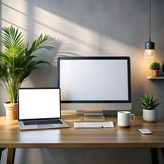 Wall Mural - Modern workspace mockup with a laptop. desktop monitor. keyboard and white mug on a wooden desk.