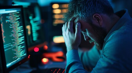 a stressed programmer struggling with coding issues in a dimly lit workspace, surrounded by computer