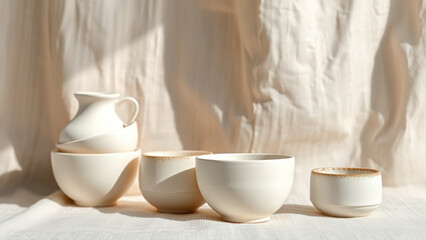 Poster - Minimalist White Ceramic Bowls and Pitcher on a White Linen Background