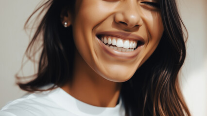 Wall Mural - Close-up of a woman smiling with white teeth