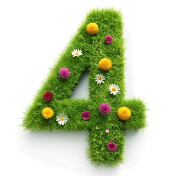 number 4 with grass and flower effect on white background. number decoration style