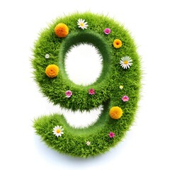 Wall Mural - number 9 with grass and flower effect on white background. number decoration style