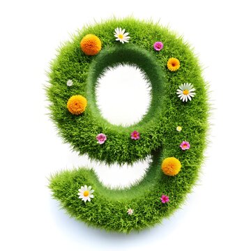 number 9 with grass and flower effect on white background. number decoration style