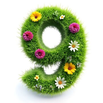 number 9 with grass and flower effect on white background. number decoration style