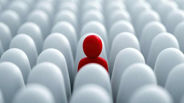 A red figure standing out in a crowd of white people, AI