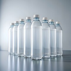 Wall Mural - A row of eight clear plastic water bottles with white caps. standing on a reflective surface.