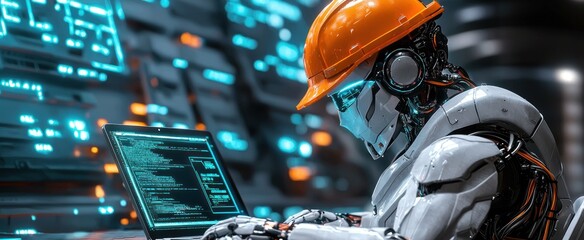 Wall Mural - Futuristic Robot Wearing Hard Hat Uses Laptop with Code Displayed