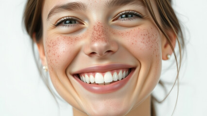 Wall Mural - Close up portrait of a smiling woman with freckles