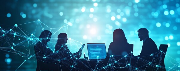 Business meeting in a digital environment with networking connections, silhouettes of people discussing at a desk with laptops.