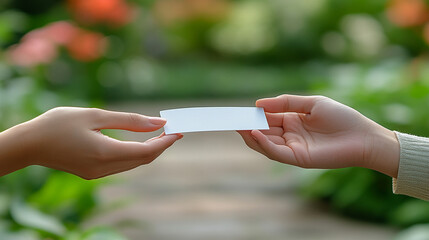 two women's hands exchanging a business card, symbolizing professional networking, connection, and trust. The gesture captures the essence of formal introductions and business relationships