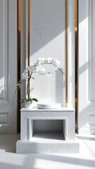 Wall Mural - White Marble Podium With Gold Accents and Orchid