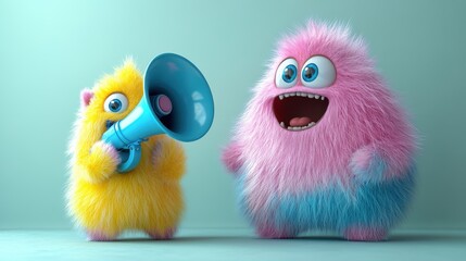 Wall Mural - 3D render of a funny, colorful yeti cartoon character with a megaphone making an important announcement. Hairy monster clip art isolated on a white background.