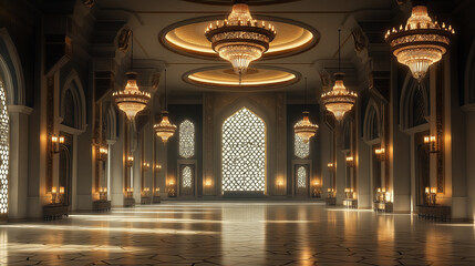 Prayer hall of a mosque ornate with hanging chandeliers.