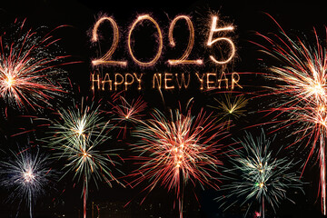 Happy New Year 2025. Burning sparkling text 2025 isolated on black background.