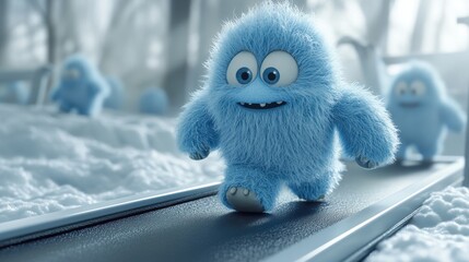 3D render of a hairy yeti monster walking on a treadmill. Furry cartoon character training as a colorful plush toy in an active pose, isolated on a white background.