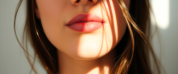 Wall Mural - Close up of a woman's lips with sunlit skin