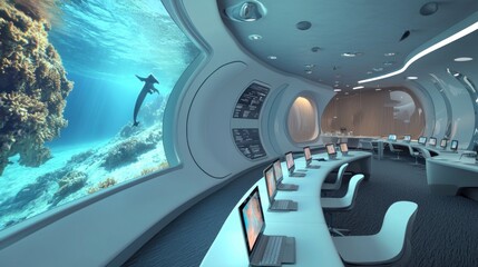 Poster - Futuristic Underwater Office with Ocean View and Desk Computers