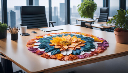 Corporate office having diwali pooja and mandala art on the desk made of flowers and colors 