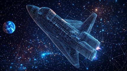 Abstract image of a space shuttle in the form of a starry sky or space, consisting of points, lines, and shapes in the form of planets, stars and the universe. Cosmos vector wireframe concept