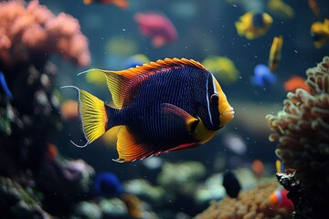 Wall Mural - A Vibrant Yellow, Blue, and Orange Fish Swimming in a Reef Tank